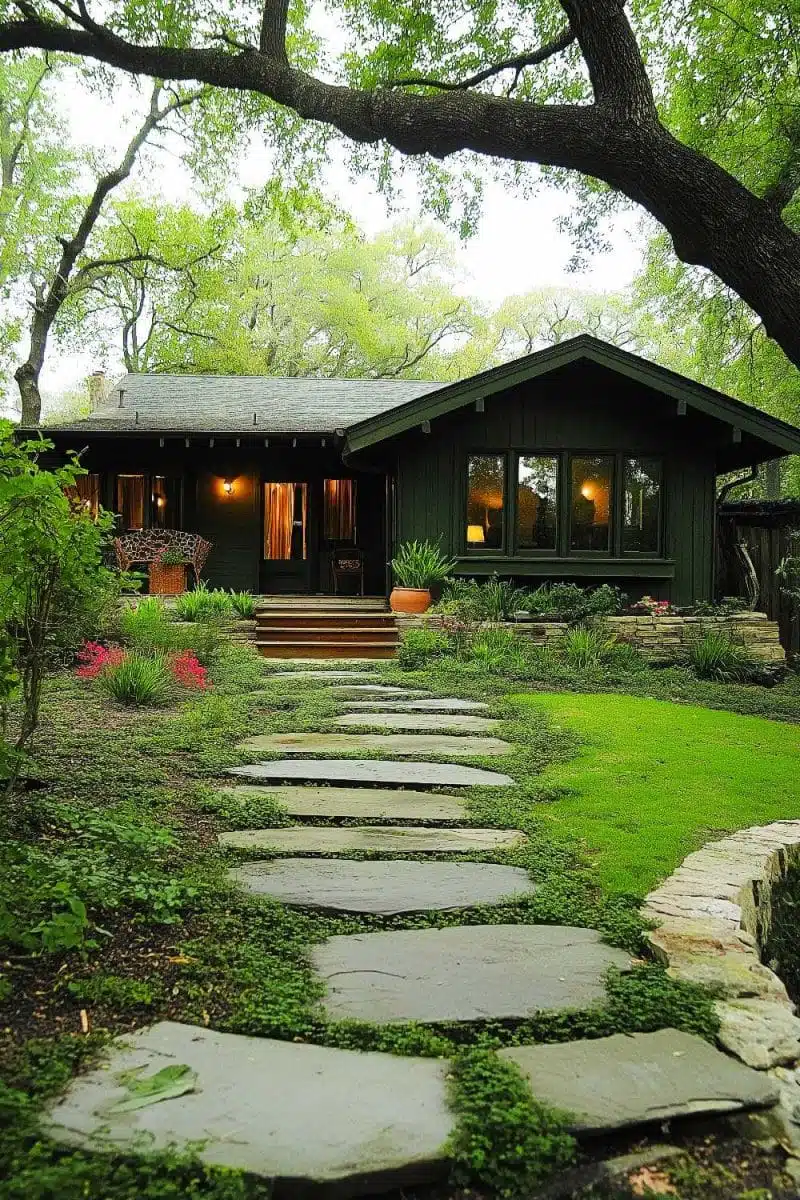 Meet your dream nest—a charming green cottage hiding in a forest. Those lush trees? Nature giving you a big leafy hug. Stone path? Red carpet, woodland edition.