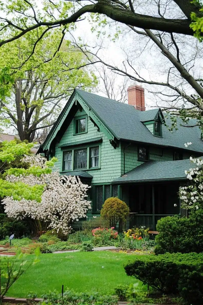 Imagine a green house trying to camouflage itself in a lush garden gone wild with blooming trees and shrubs. It’s like Mother Nature's best-kept secret.