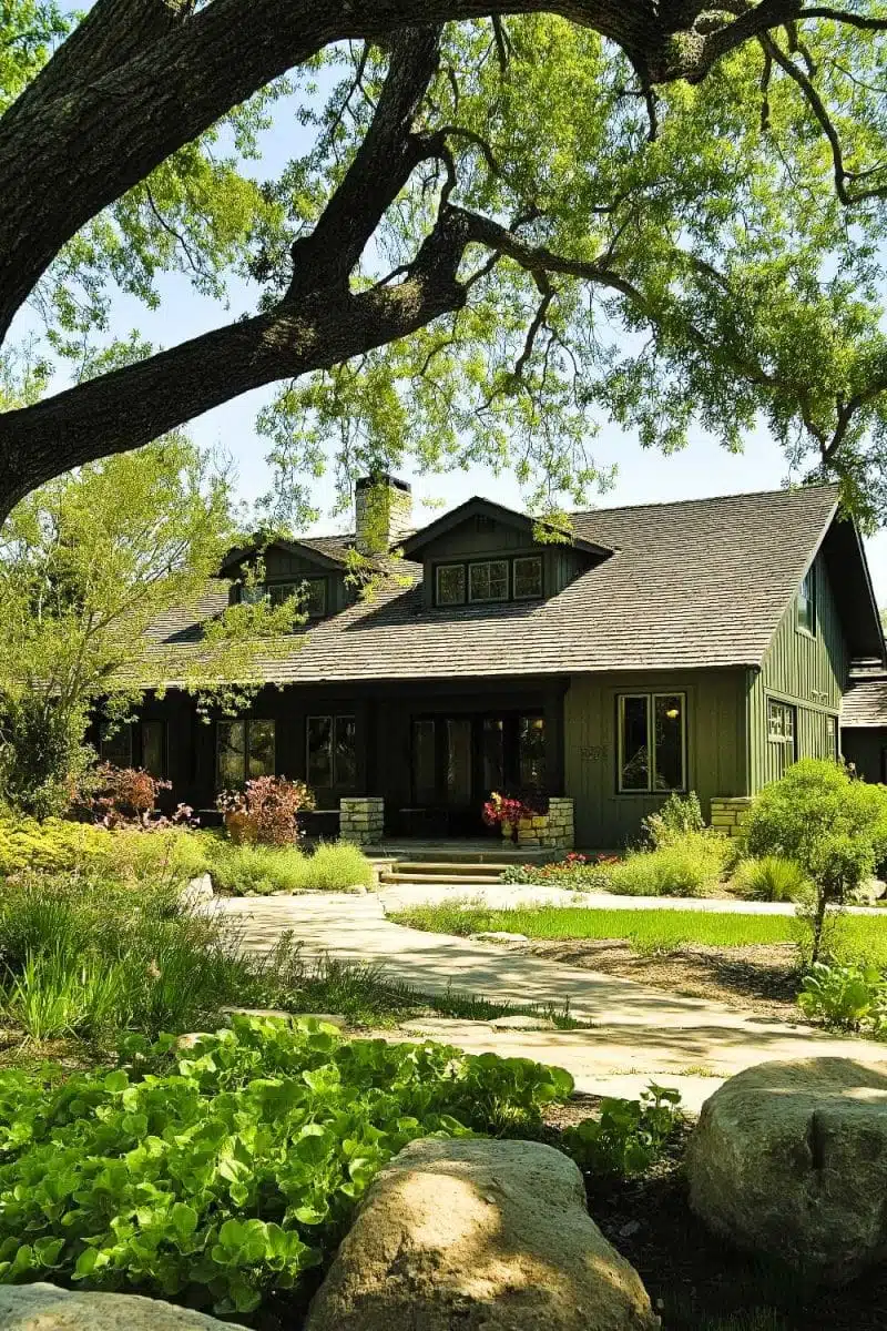 Behold the charming green house, blending into nature like it’s playing camouflage games, with a scenic tree and stone path leading to who-knows-what adventures.
