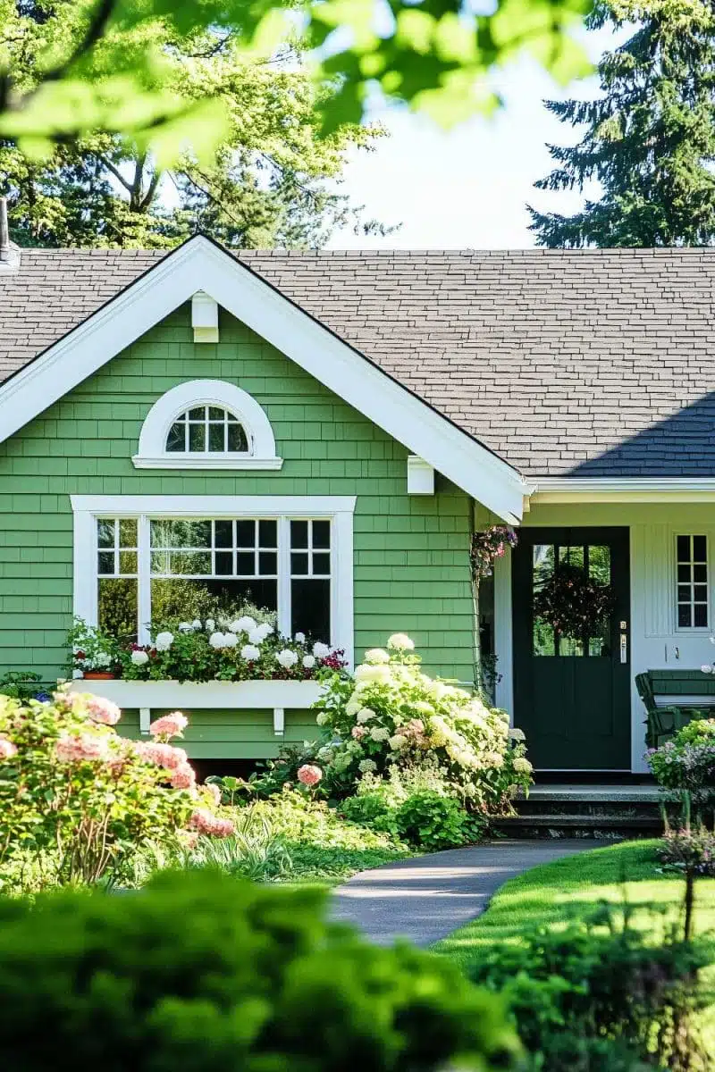 This cute green house, flaunting its garden path and floral fan club, is proof that even buildings flaunt better hair days under a perfect sky. 