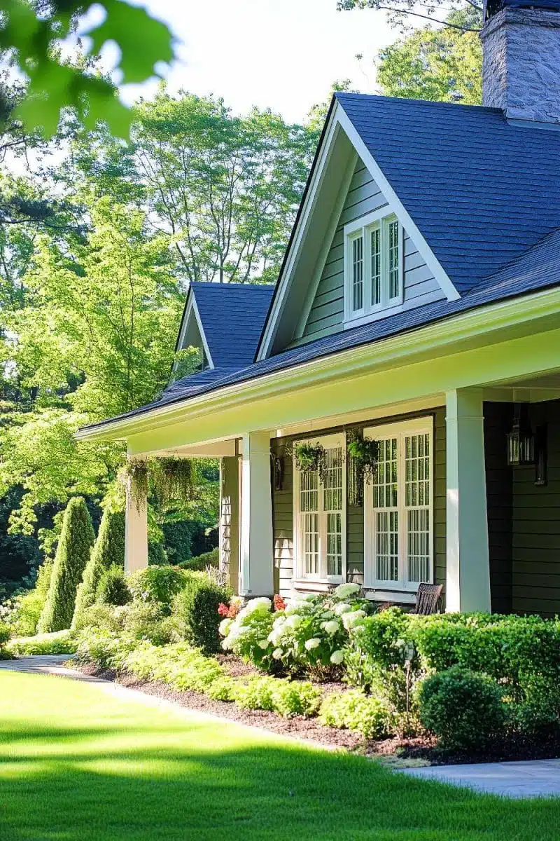This adorable house flaunts a porch perfect for sipping tea, surrounded by greenery and blooms playing dress-up as a jungle under that drama-free blue sky.
