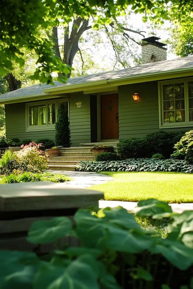 A snug green house flaunting a wooden door cozies up to vibrant trees and gardens while the sky pretends it’s never heard of gloomy weather.