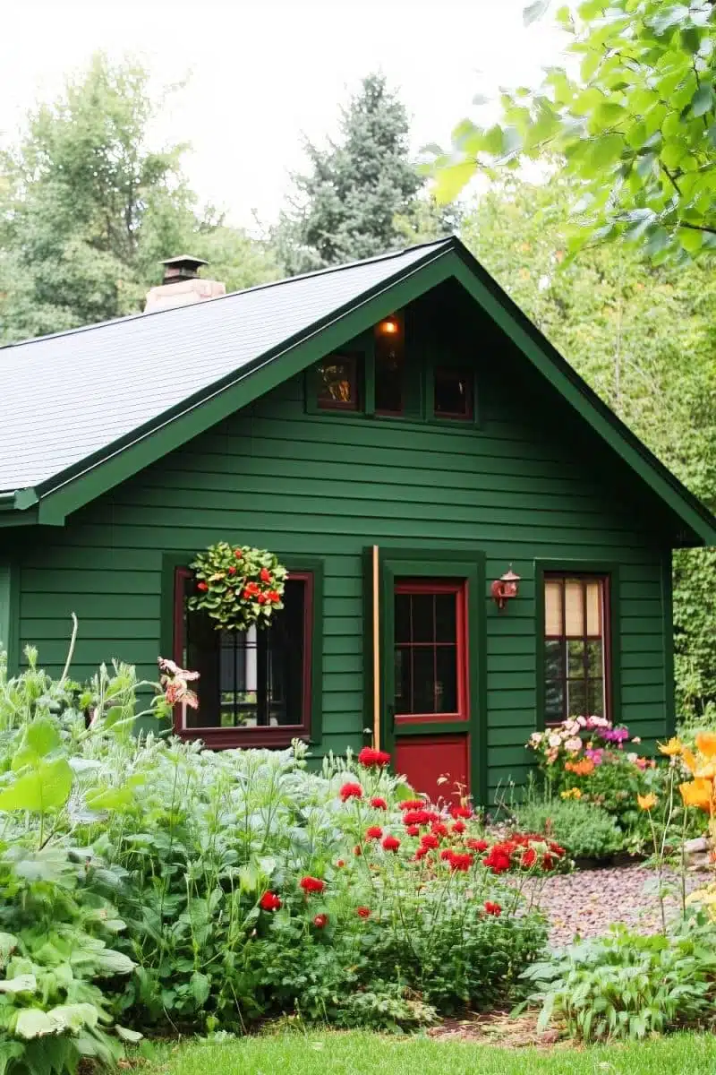 A green cottage dares to go bold with a red door, like a grand entrance to a fairytale. This garden paradise is basically Mother Nature's VIP lounge.