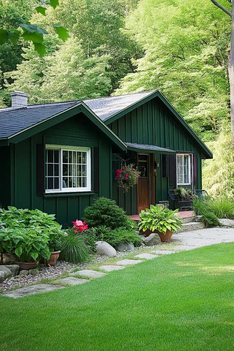 Green cottage alert! Nestled in lush greenery, this charmer's lawn is so tidy you'll wonder if garden gnomes are moonlighting as landscapers.