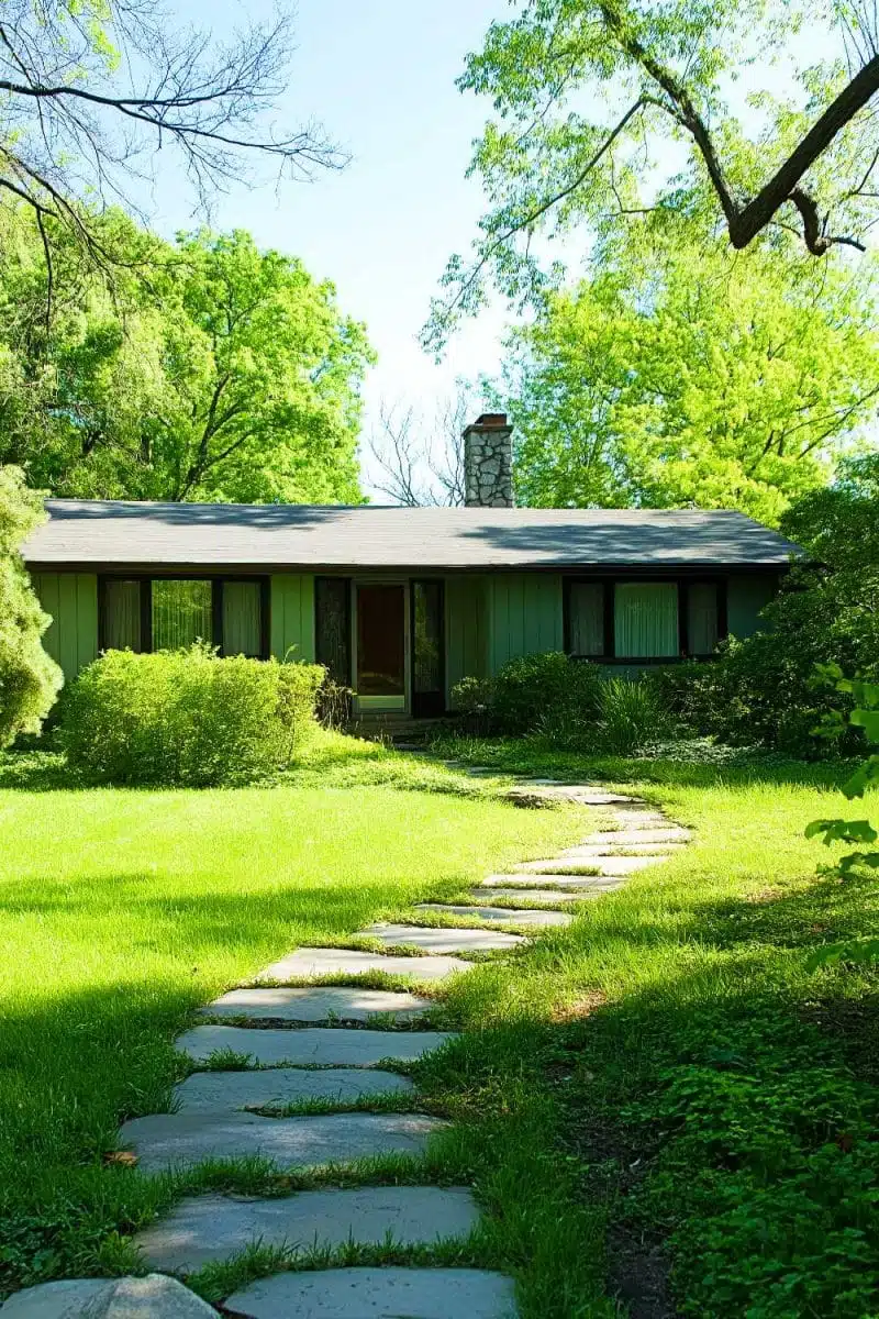 Behold the green house that clearly knows it lives in a real-life fairytale, complete with its own VIP stone path and fan club of overly supportive trees.