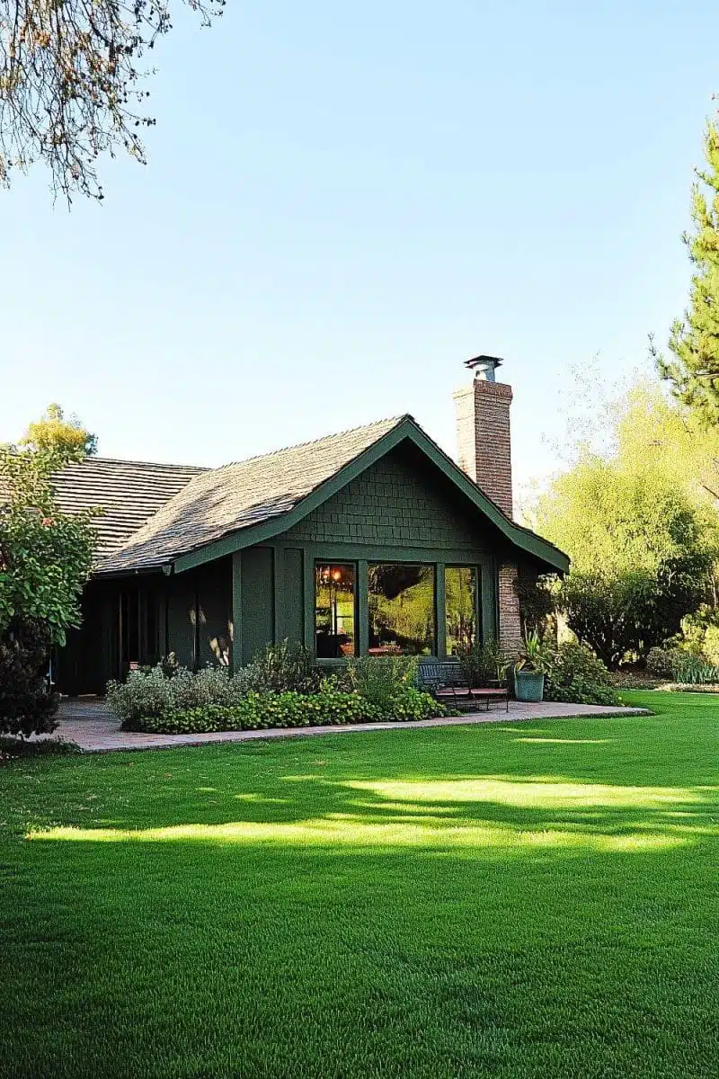 Behold, your dream home—a green charmer with a chimney, flaunting its manicured lawn and trees like they're the ultimate outdoor accessories.