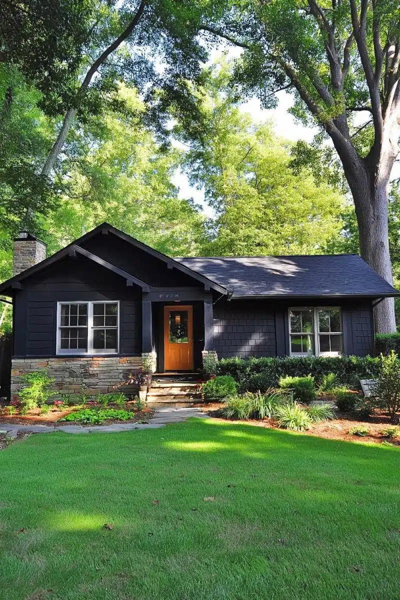 Dive into the whimsical world of this dark green cottage, where trees double as nosy neighbors and that stone-accented door whispers endless tales.