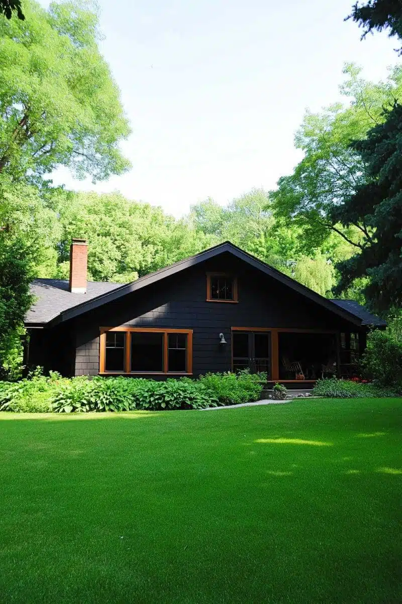 A green ranch cottage flaunts its goth phase beside a vibrant green lawn, trying hard to blend in with those judgmental leafy neighbors under the sunny spotlight.