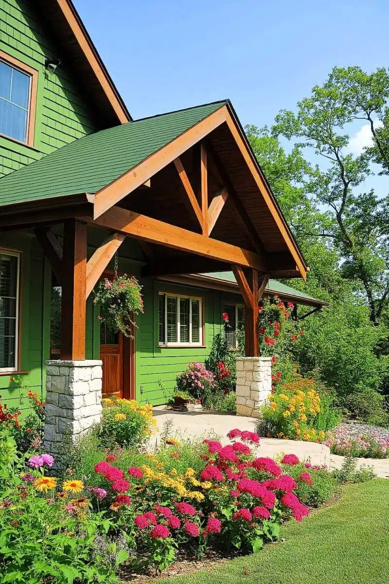 Behold the green house flaunting its wooden porch bling while smugly resting in a bouquet of blooms, it’s like living inside a heart-eye emoji explosion!