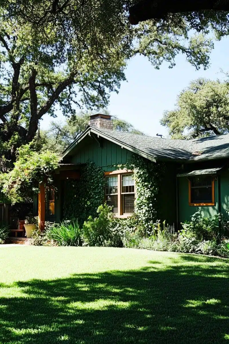 Behold, a house so green it probably believes it’s a tree. Bathed in sunlight, it's wrapped in ivy and surrounded by trees for that nature-on-nature style.