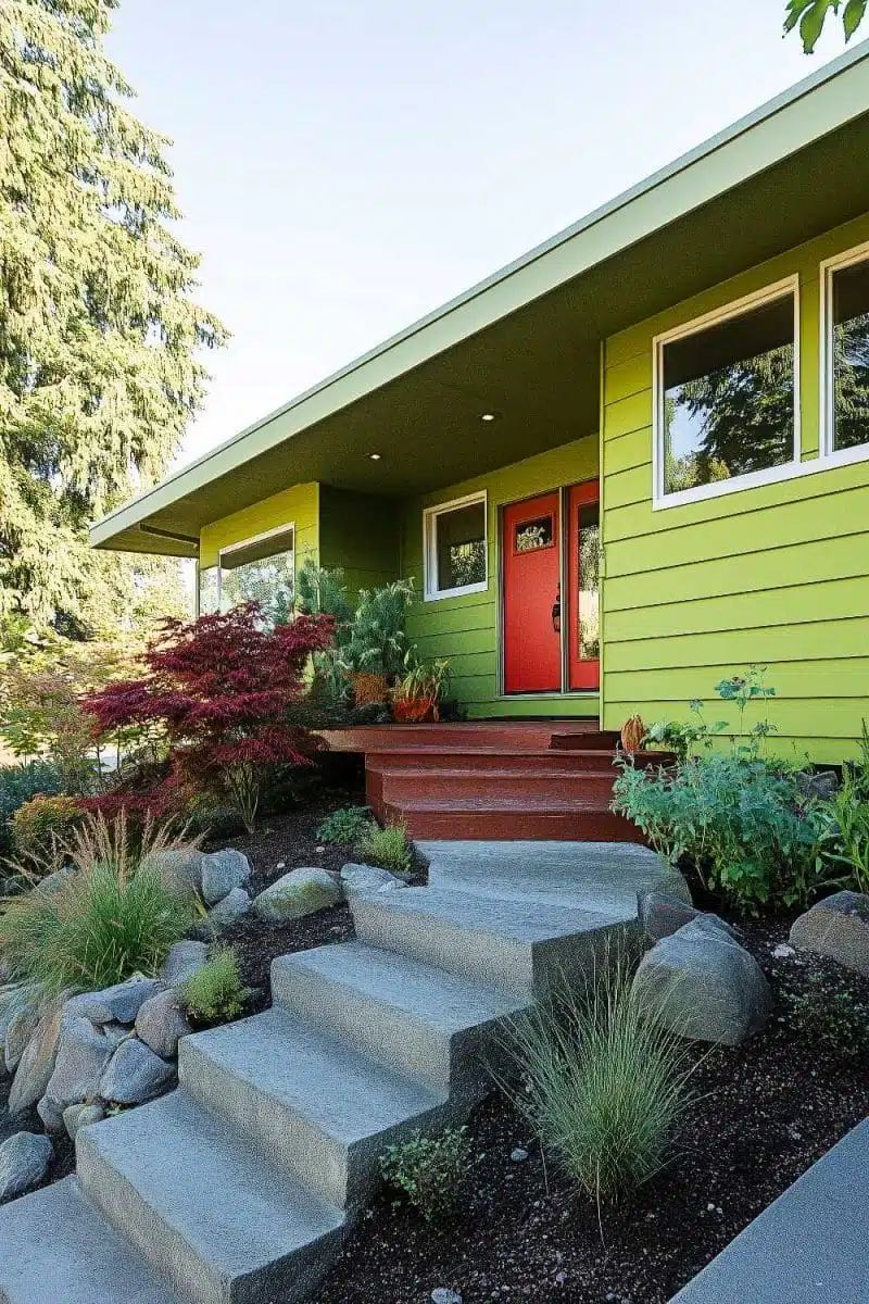Mid-century magic alert: green siding meets a red door that’s so bold, it almost needs its own introduction. Those steps? They're basically an Instagram runway!