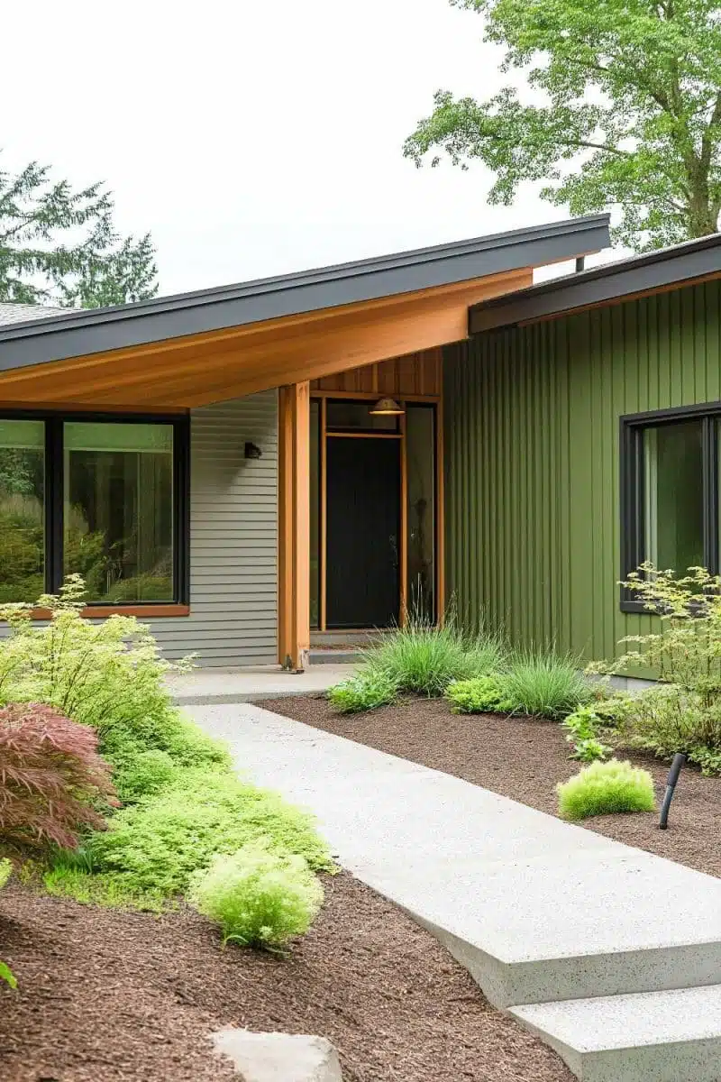 Check out this modern house rocking a sloped roof, green siding that probably dreams of being a forest, huge windows, and a garden path fancy enough for Instagram.