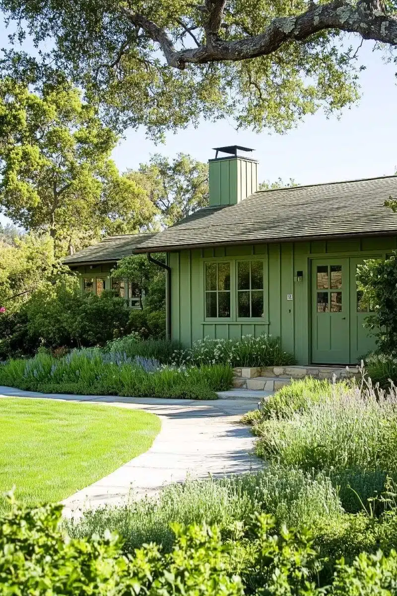 Check out this green house hiding like a secret garden club, with trees and plants pretending they're on a lush vacation; enjoy the luxurious stone runway.