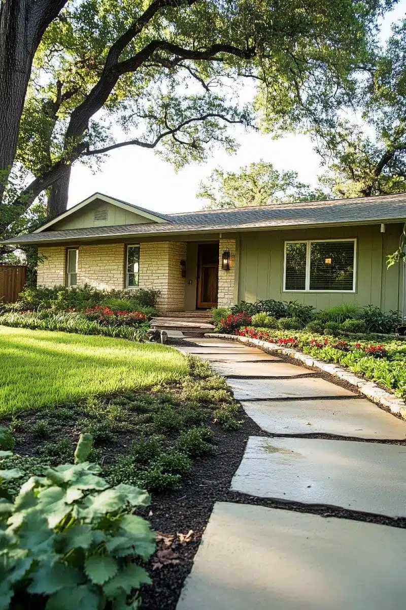 Behold, the charming house with a pathway that's clearly meant for daydreams and naps. With a lawn so lush it makes carpets jealous, plus flowers showing off under the watchful eyes of those grand trees. It's like nature’s version of a royal gala.