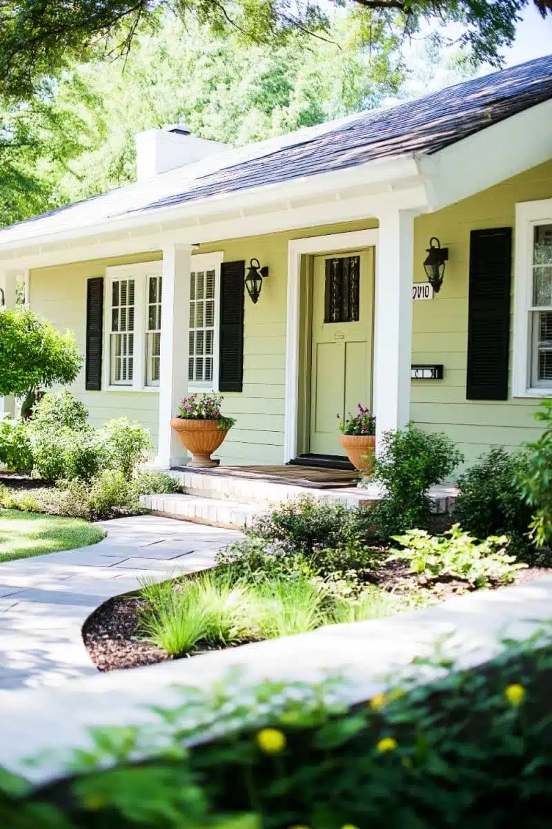 Imagine a sunny green house with a porch that practically winks at you. Black shutters play it cool, while flower pots and a lush garden path lead the curb appeal party.