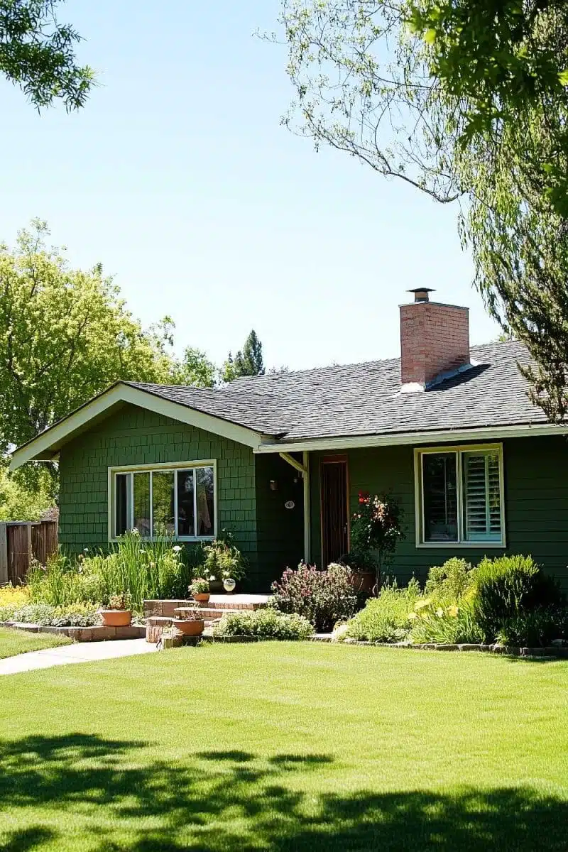 Behold, the green house with a lawn so perfect it might file its own taxes. That brick chimney's just there to charm you as you plan your next garden party!