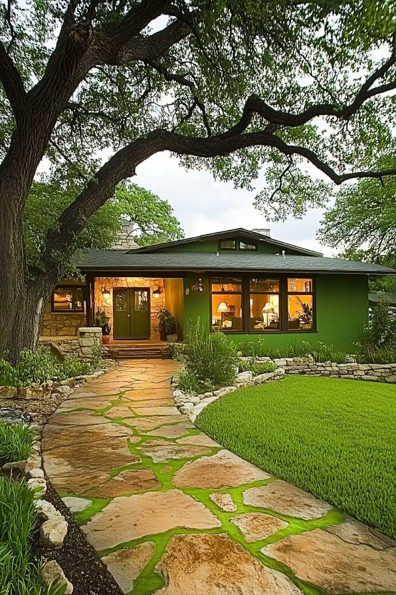 This green house is the woodland fairy cottage of dreams, complete with windows big enough for your nosy neighbor's binoculars and a stone path worthy of Instagram.