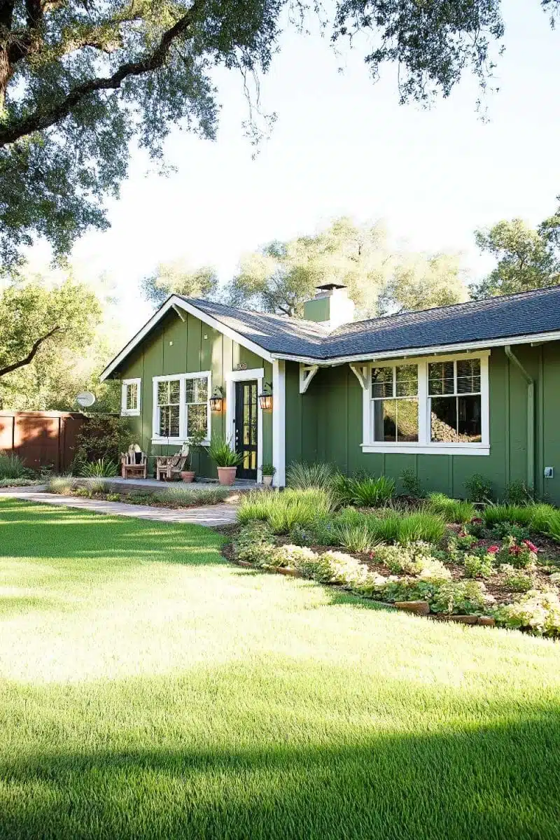 Behold, the envy of gnomes everywhere. This green house flaunts huge windows to judge the neighbors, surrounded by nature's overachievers and a humble garden!