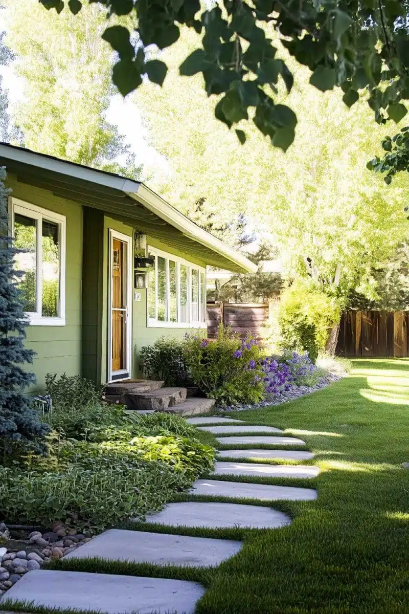 This green house flaunts its big windows like designer sunglasses amid a jungle of posh plants. The stone path whispers follow me for more style inspo.
