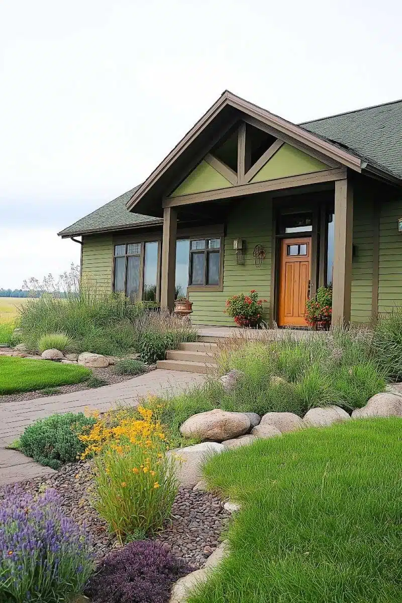 Envy that green house with its charming wooden door, flaunting a lush garden fit for fairies and a stone path perfect for your next rom-com entrance.