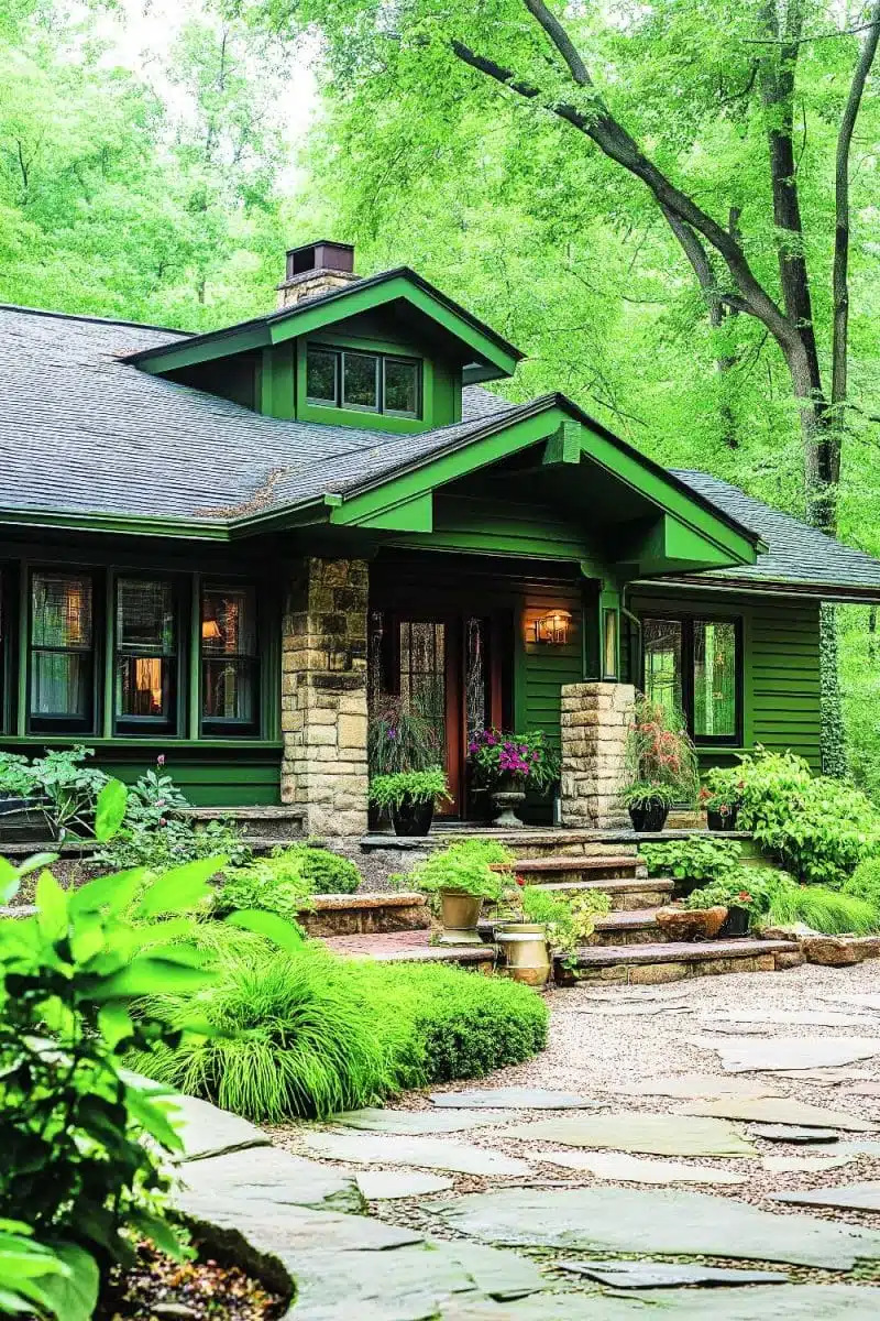 This charming green house is going full-on camouflage in the lush forest with a stone path laid out like it's rolling out a leafy red carpet for guests.