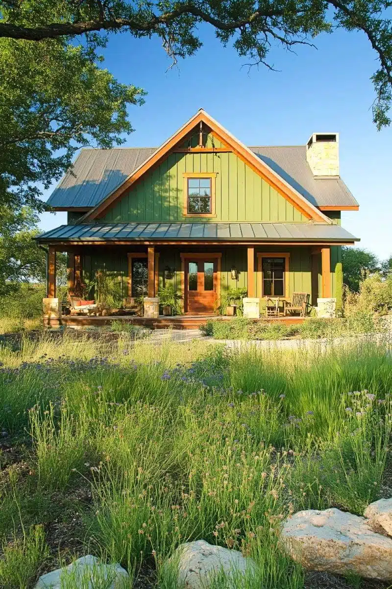 Check out this vibrant green farmhouse sporting a metal roof so trendy it could enter Fashion Week. Complete with a porch and lush greenery strutting its stuff.