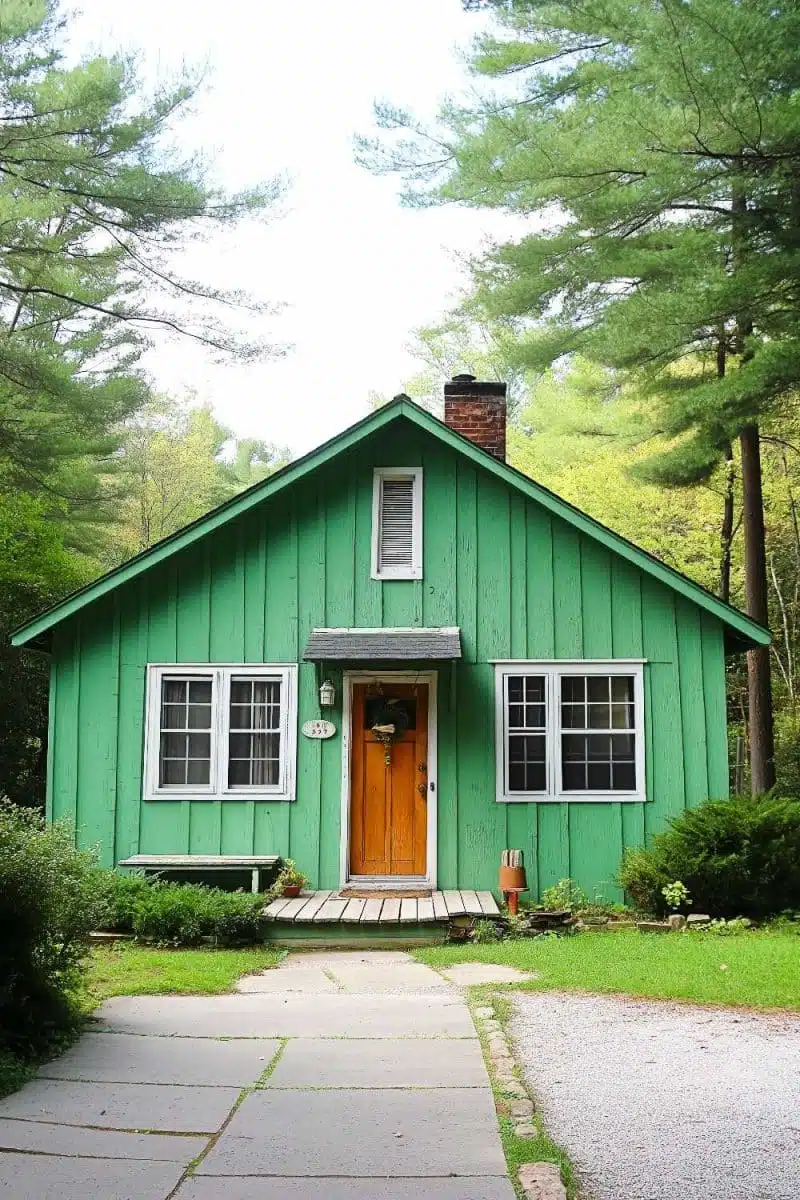 Here's a cute little green house that looks like it just wrapped itself in nature. Come for the wooden door, stay for the treehouse vibes!