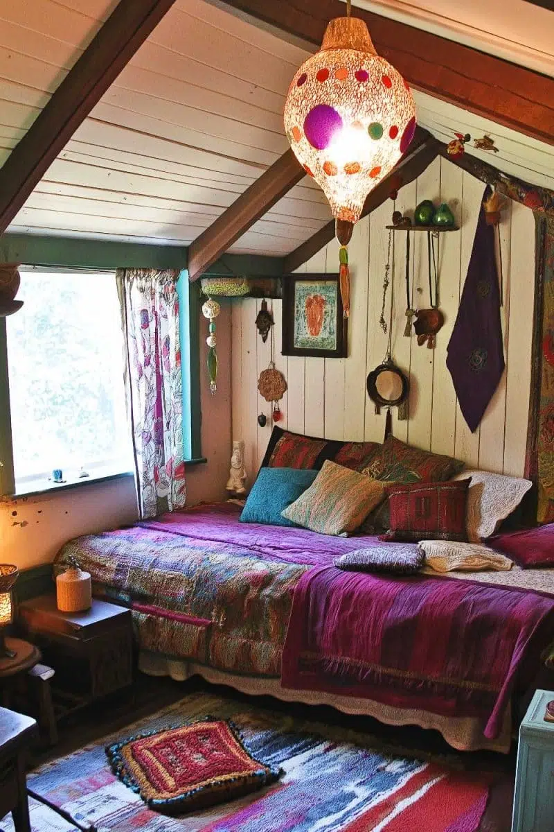 In this cozy nook, vibrant patterns throw a party on your bed while the overhead lamp wonders if it's the brightest idea. That slanted ceiling is just hanging out.