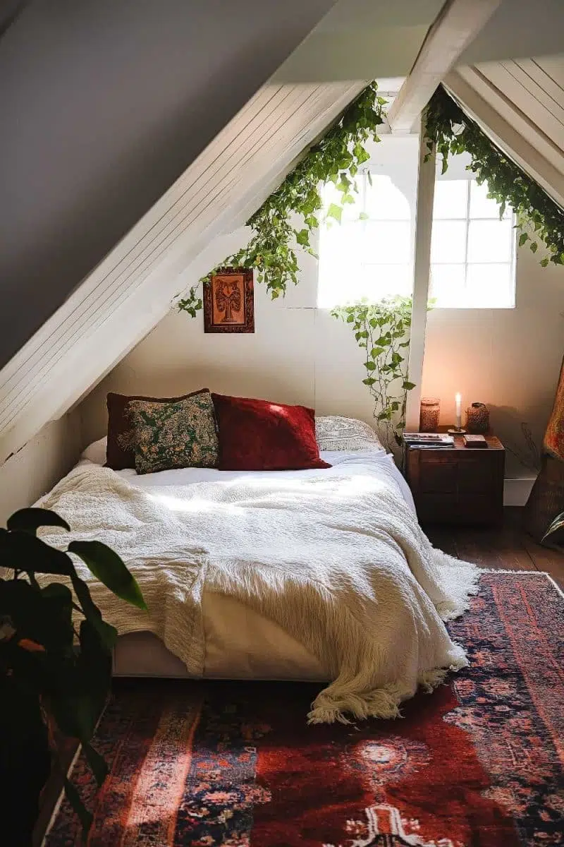 Dreamy attic retreat complete with a 'plants think they're the real stars here' vibe, where white bedding fights for attention against that bold rug in soft light.