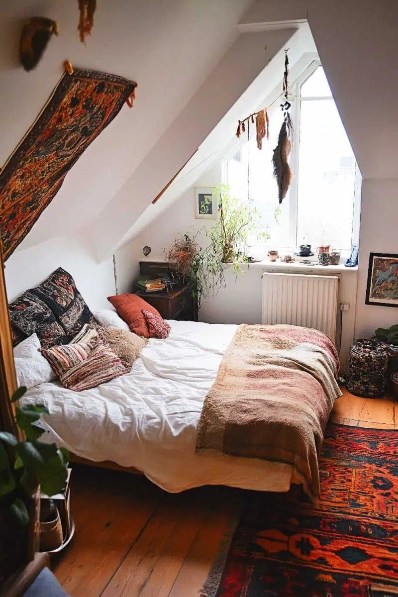 Check out this attic turned bedroom: big bed, jungle of plants, and rugs showing off their color game by the sun. It's like nature's chill lounge!