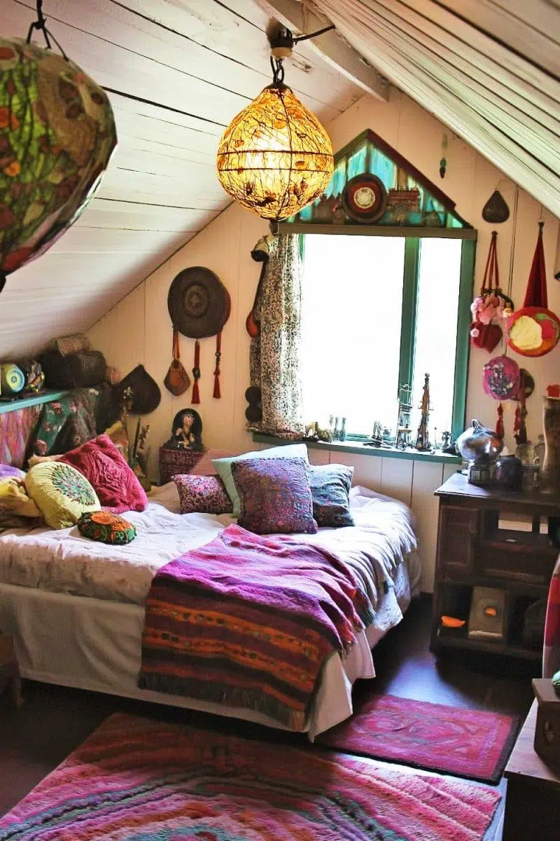 Nestled in this cozy attic, pillows pop like confetti on a simple bed while a warm lamp says hi to any brave souls who climb up for the view.