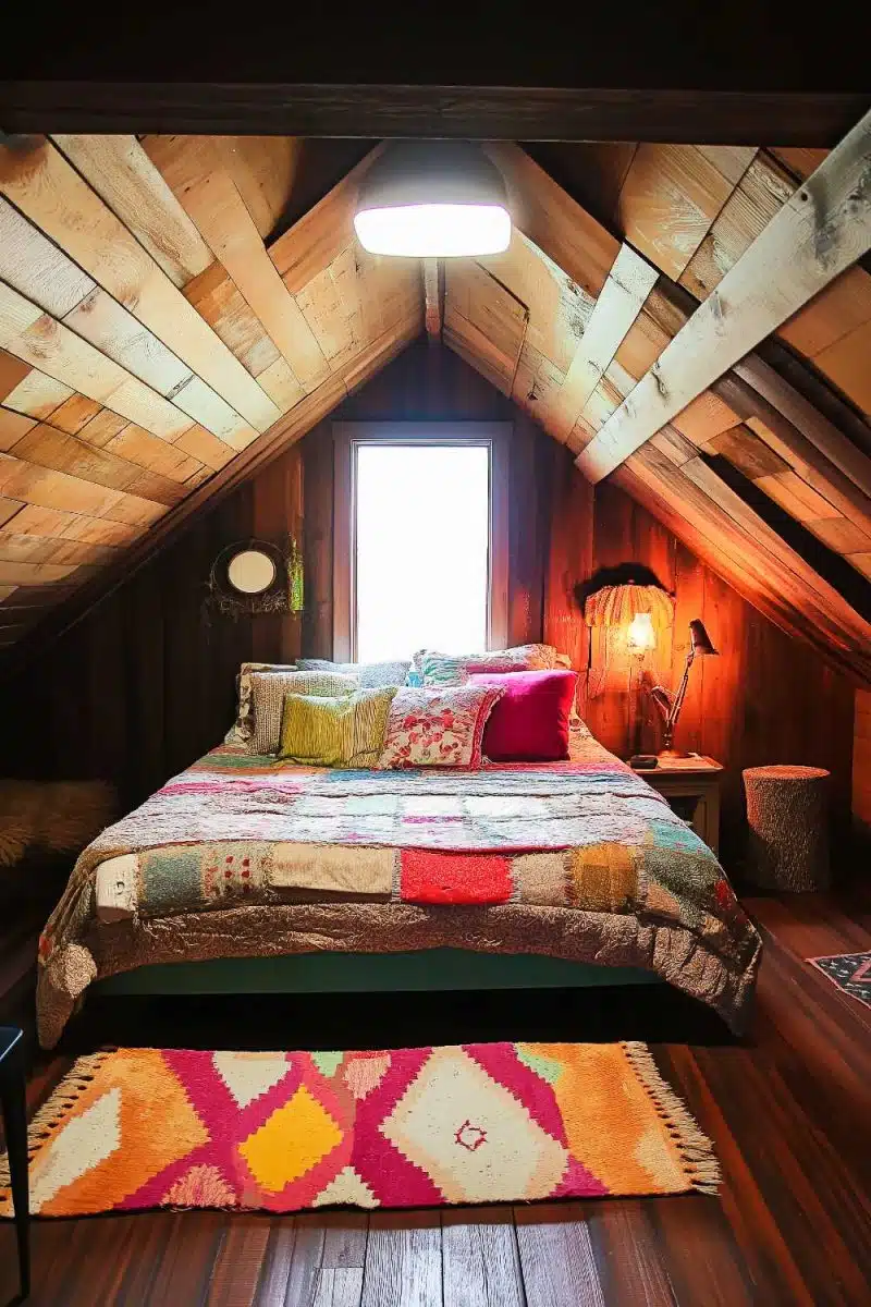 Get ready to channel your inner sleeping gnome in this attic hideaway where a quilt riot meets wood vibes under soft lamp glow, pillow party included.