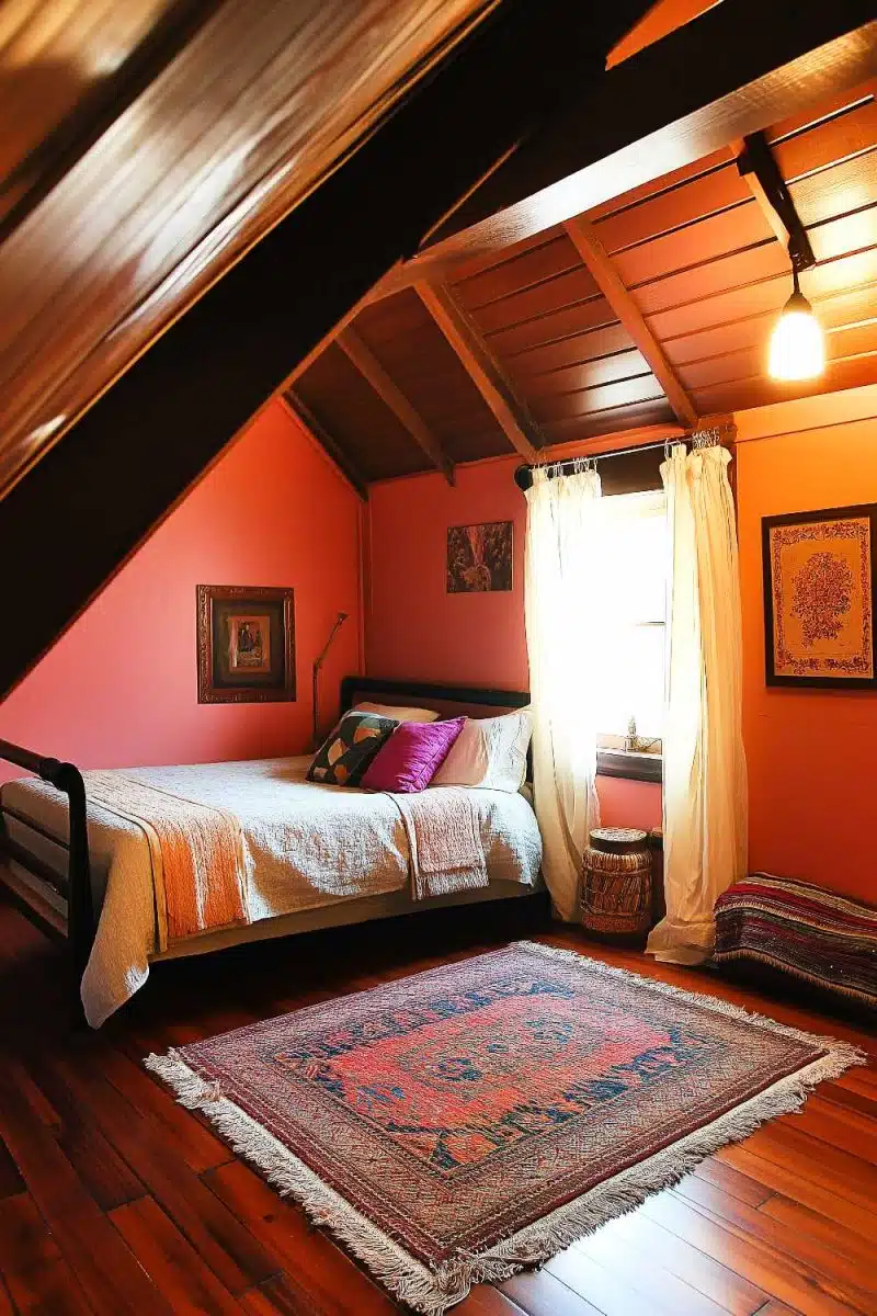 Welcome to the attic retreat where sloped ceilings hug you. A bed dreams next to art that's trying too hard, all grounded by that wanna-be-boho rug.