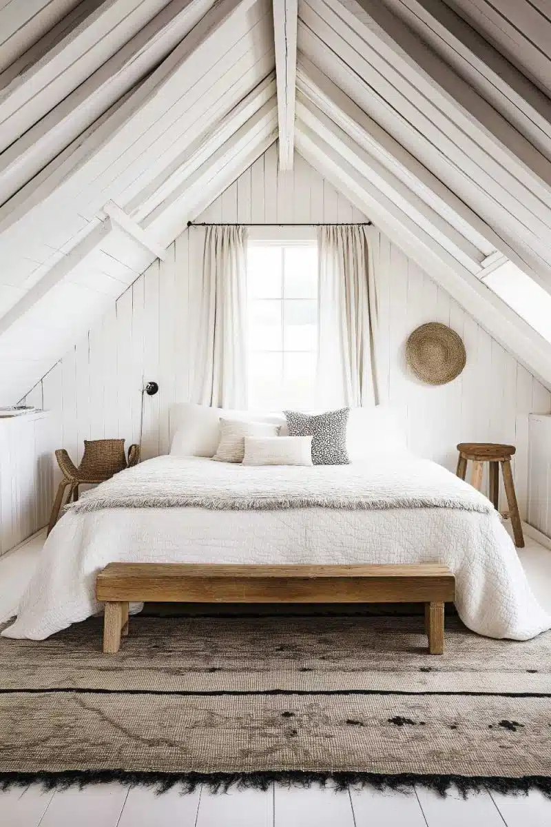 Imagine an attic bedroom embracing its inner snow globe—white everywhere! A wooden bench whispers rustic charm, while curtains flirt with the oversized window.