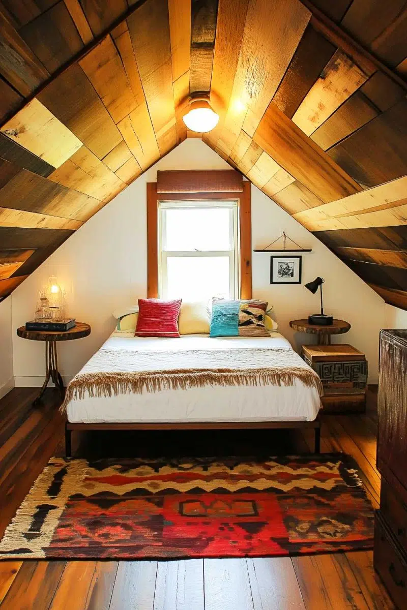 Imagine lounging in a cool attic that redefines cozy, with its sloped wooden ceiling and a rug that's as colorful as your questionable life choices.