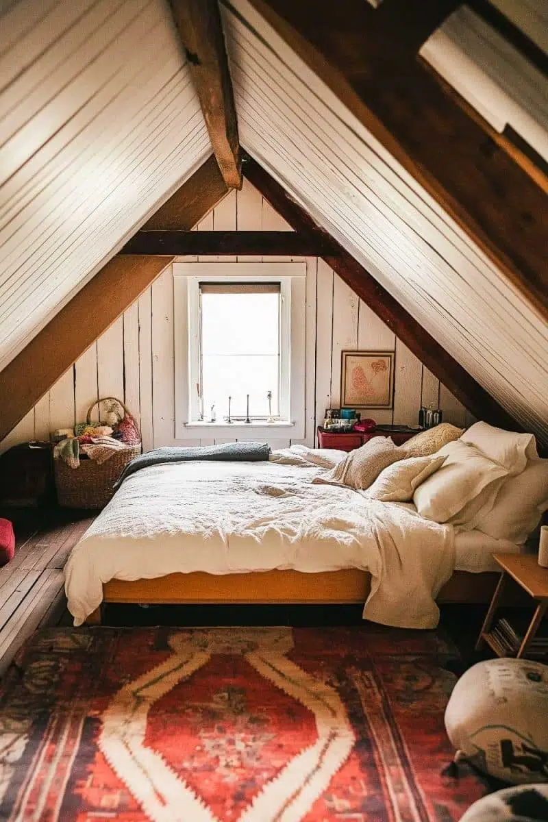 Imagine sleeping under a slanted masterpiece where cozy white bedding meets a splashy rug—the sun even thrown in for free as art nouveau lighting.