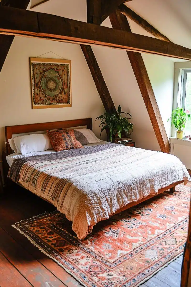 This cozy attic bedroom flaunts a wooden bed that’s more supportive than your last relationship. Bedding is patterned like Picasso's dreams and the rug? A color fiesta!