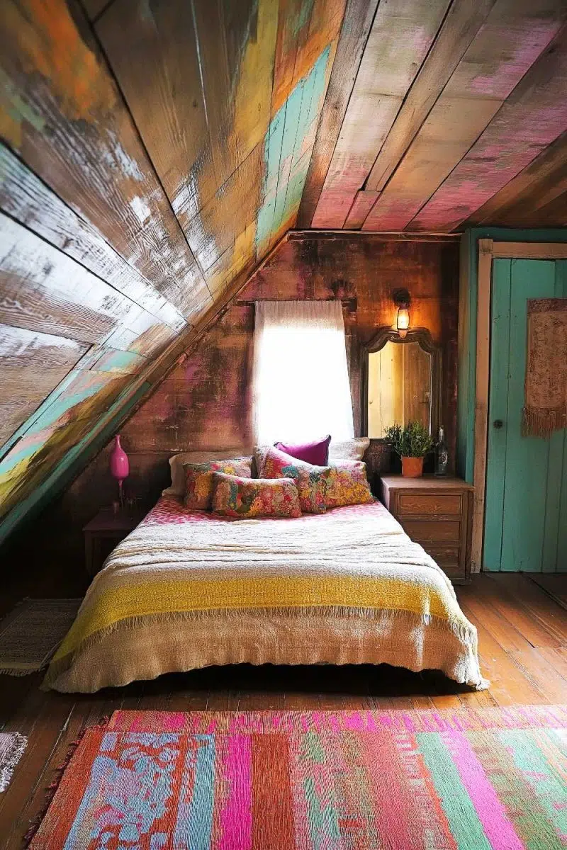 This attic oasis flaunts a colorful rug that could wake the dead, walls so rustic you might spot a squirrel, and a bed ready for pillow fight championships.