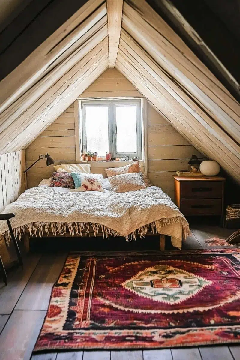 Meet your ultimate hideout: a cozy attic retreat with a snuggly double bed, vibrant rug, and charming small window. Wooden paneling for that treehouse vibe.