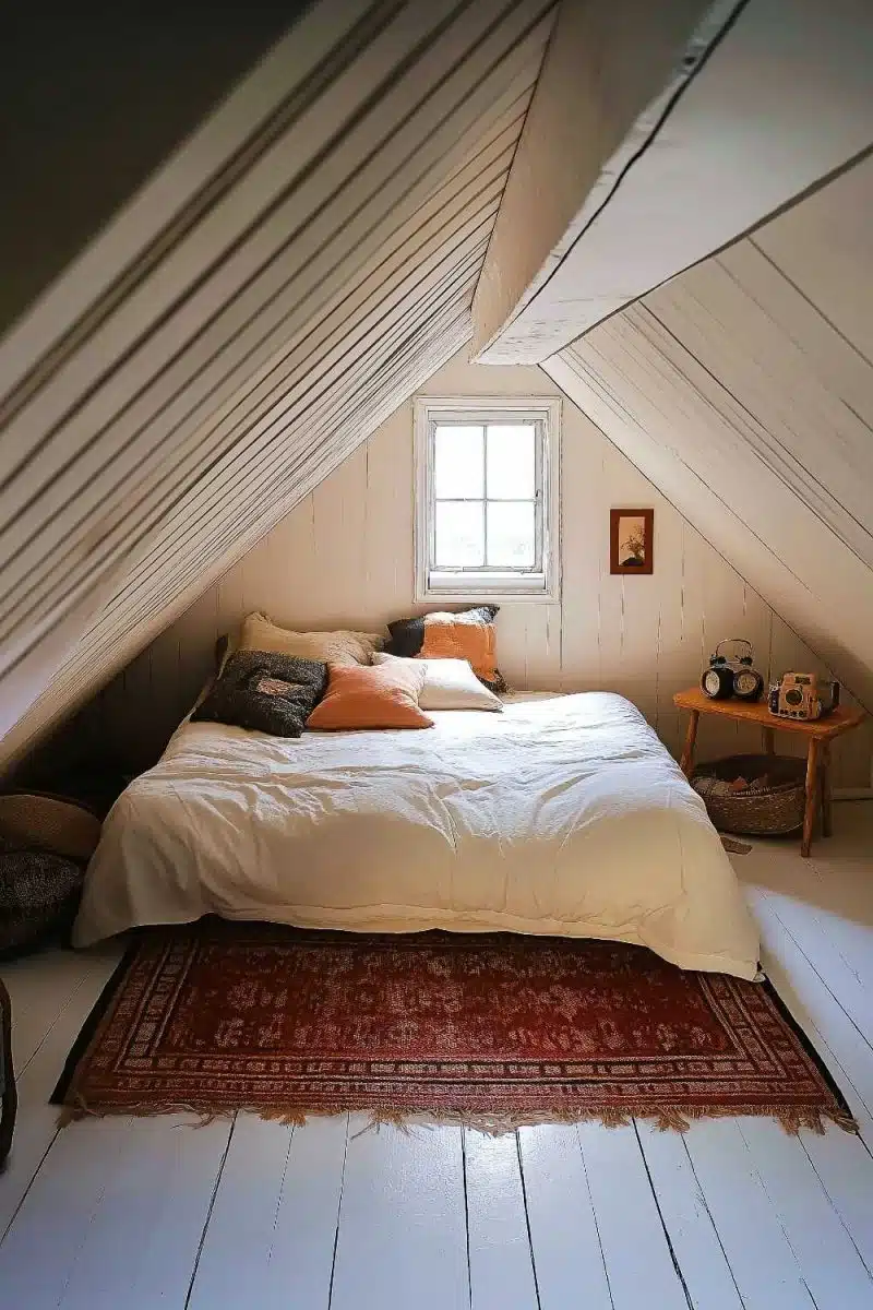 Welcome to the cozy attic: where sloped ceilings keep your secrets and the red rug insists it’s the centerpiece. White bedding says 'I’m innocent' but we know better.