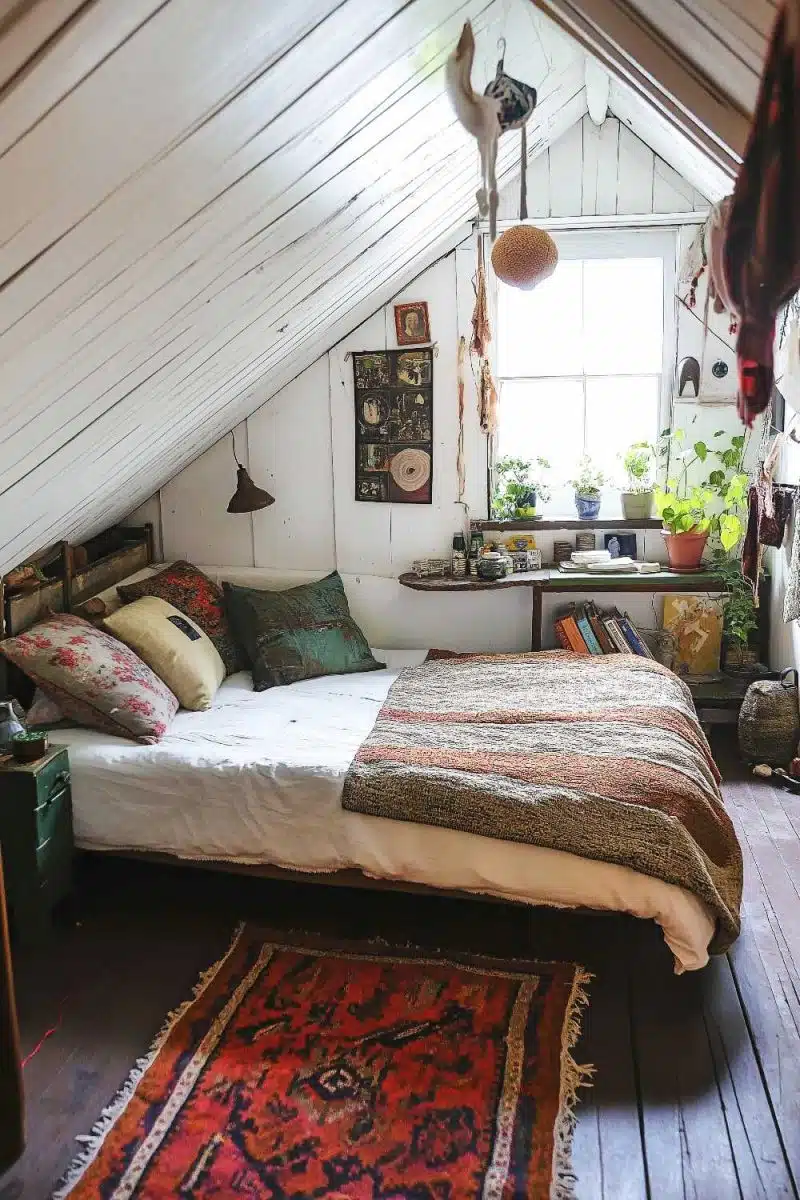 Welcome to the attic oasis, where the bed's a temptation, textiles throw a party, plants pretend they're on vacation and books live their best life by the small window.