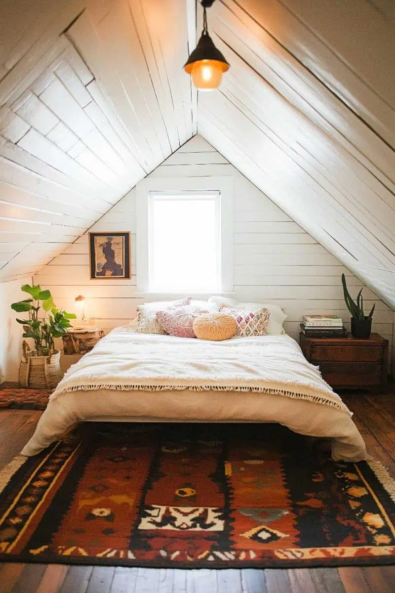 This attic bedroom is so cozy that even your plants want to stay in for the weekend. That colorful rug? Bold enough to distract from doing laundry!