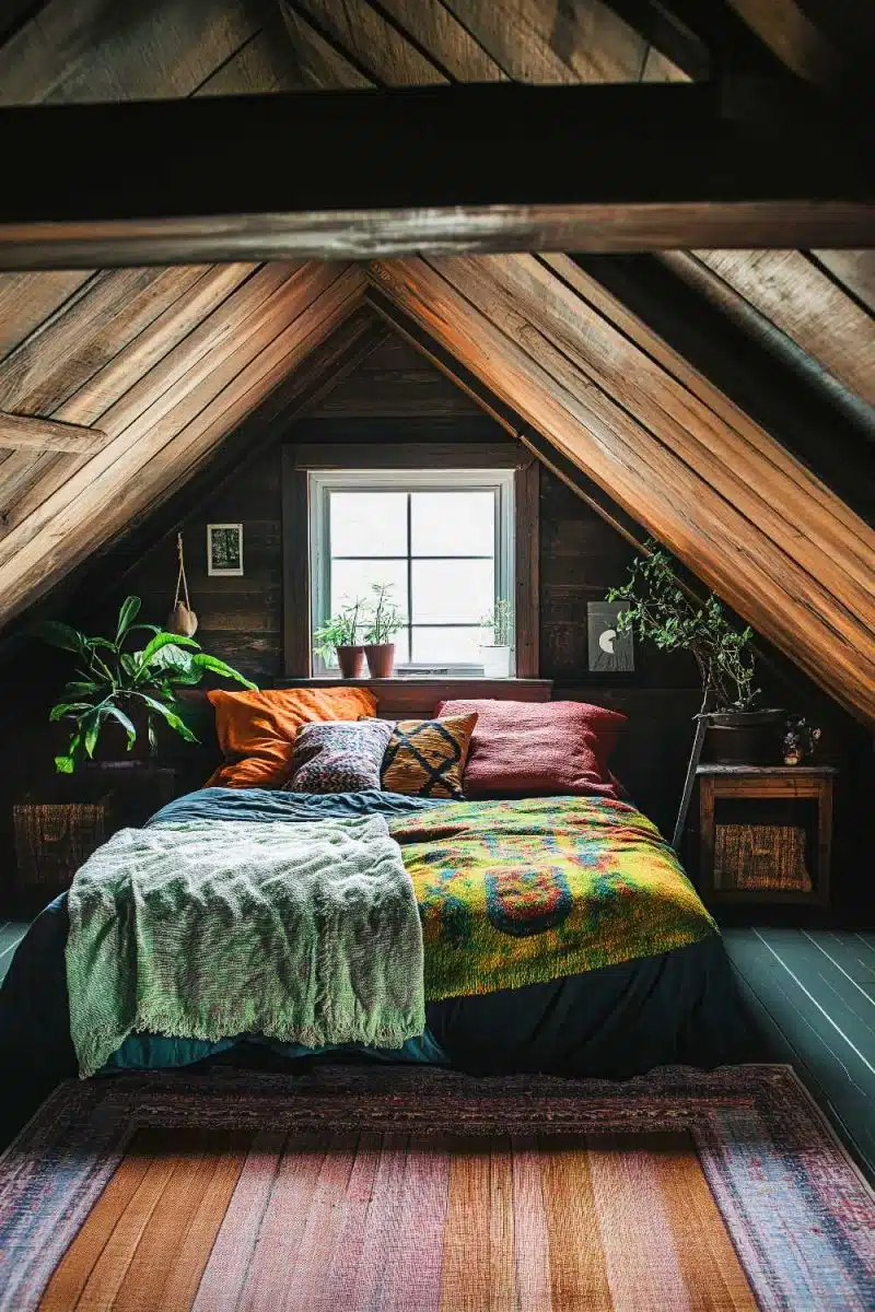 Welcome to the attic bedroom where a vibrant bedspread livens up the wooden walls, complete with plants plotting their sunlight heist through a teeny window.