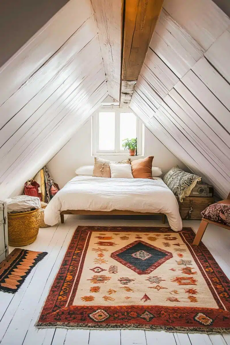 Oh, the attic's calling with its white bed and vibrant rug trying to distract you from the tiny window. Those wooden beams add a rustic charm, or so they claim.