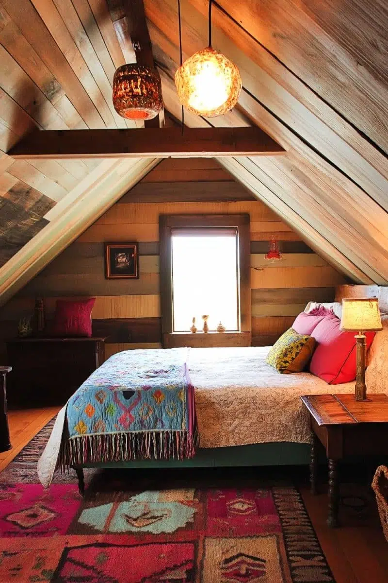 Welcome to the attic where vibes and colors collide on a comfy bed under quirky lamps. Wooden walls add rustic charm, while natural light tries its best.