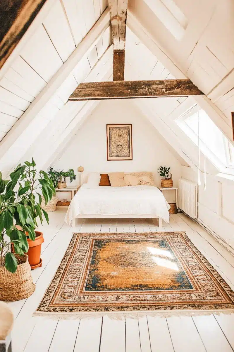 Meet your new hideaway: an attic oasis with a bed, leafy roommates, and an ornate rug keeping things classy on white wood floors. Skylight's got you covered!