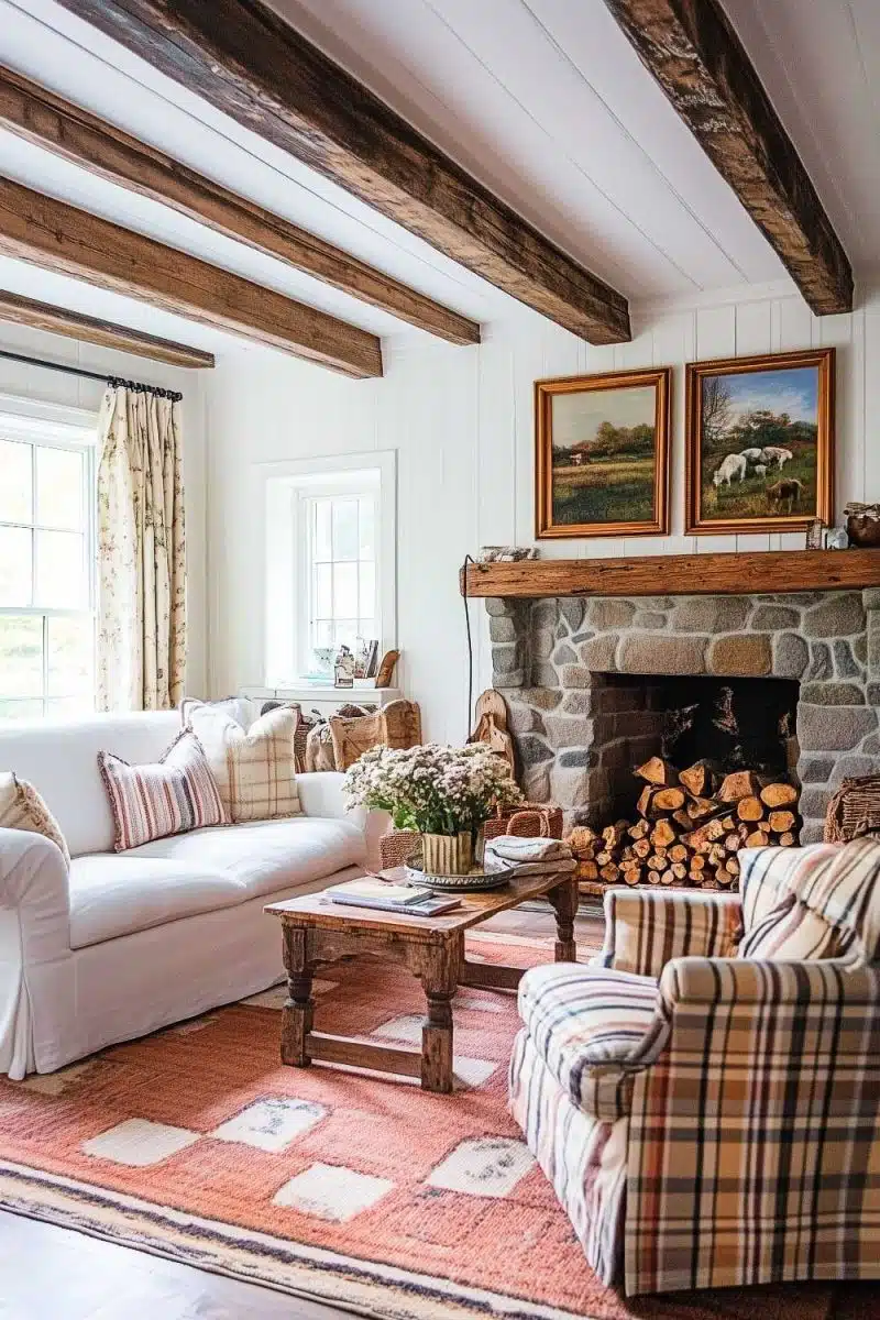 Meet your dream hangout zone: a white sofa that can survive popcorn fights, a plaid chair perfect for indecision moments, and a fireplace for roasting marshmallow vibes.