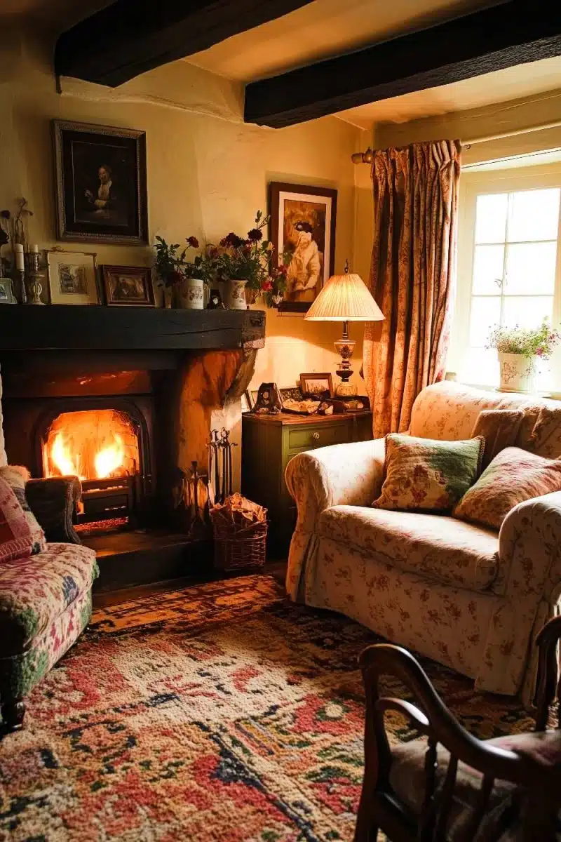 Cue the cozy vibes: imagine floral armchairs plotting world domination by the roaring fireplace while the warm lighting whispers subtle tales of hygge.