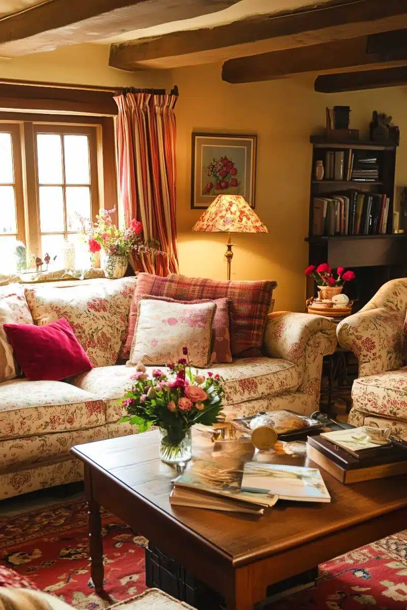 Behold the floral sofa parade, where petals meet coffee table for deep chats. Shelves flaunt bookish flair while striped curtains dream of better views. 