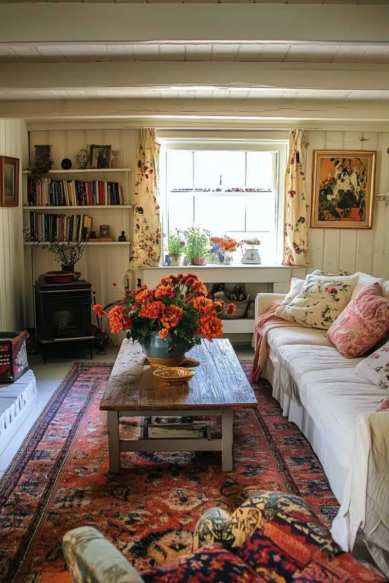 This living room rocks a wooden table as the star, orange flowers for that splash of pizzazz, a rug that's practically shouting drama, and curtains that are like grandma chic but in a cool way.